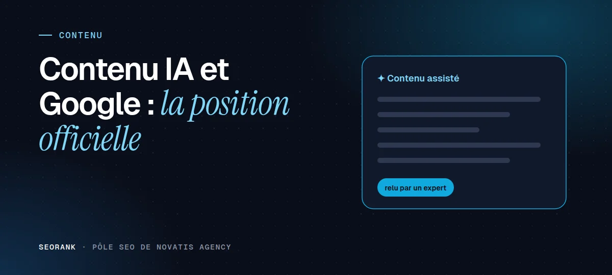 Illustration éditoriale SEORank : « Contenu IA et Google : la position officielle »