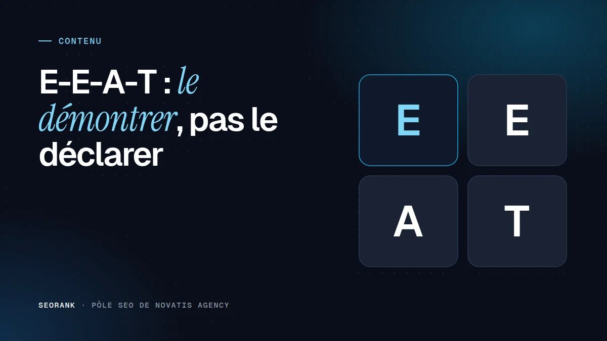 Illustration éditoriale SEORank : « E-E-A-T : le démontrer, pas le déclarer »