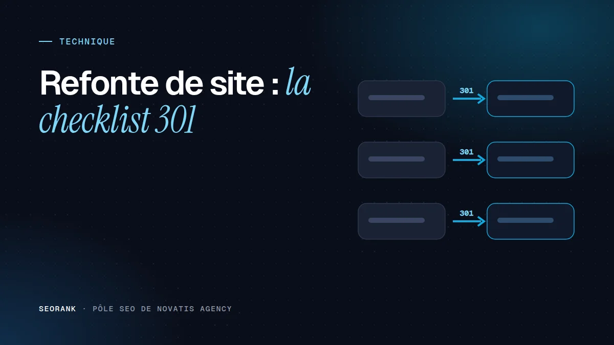 Illustration éditoriale SEORank : « Refonte de site : la checklist 301 »